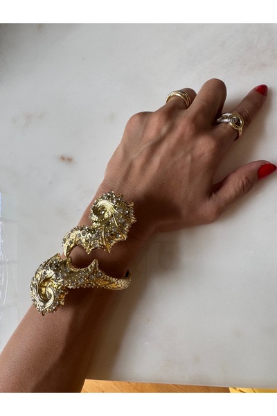 popcouturetr Salyangoz Model Taşlı Gold Çelik Kelepçe Bilezik