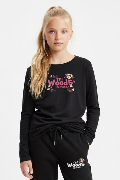 YA KO KİDS Zero Collar Woods Printed Girl's Bottom-Up Set