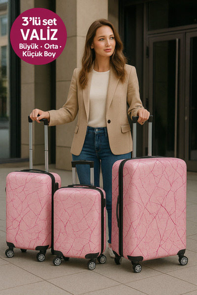 Wexta Valiz - Kabin & Orta & Büyük 3'lü Set - Wx-300 Baskılı Şeker Pembe 3 'lü Set Valiz