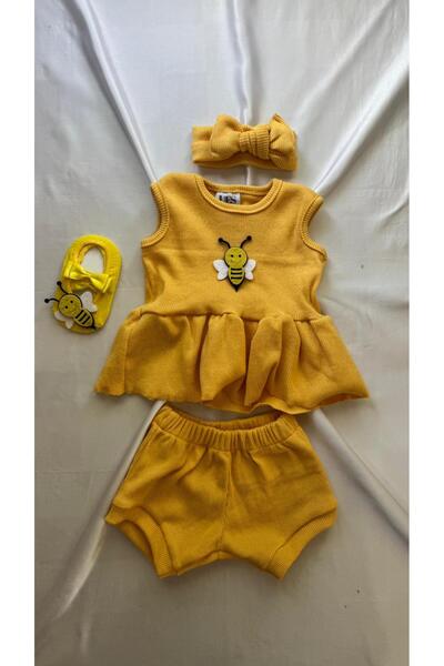 Al Ver Gülüm Sarı Ribana Bebek-Çocuk Şort Bluz Bandana Babet Çorap Set 6-36 AY