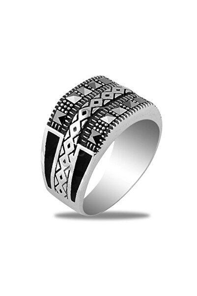 FRNCH 925 Ayar Gümüş İtalyan Model Markazit Taşlı Gümüş Renk Erkek Yüzük FRJ-...