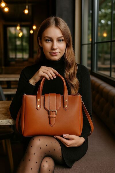 ESTUTE Kadın Şık Deri Görünümlü Omuz ve El Çantası – Makyaj Çantası Hediyeli