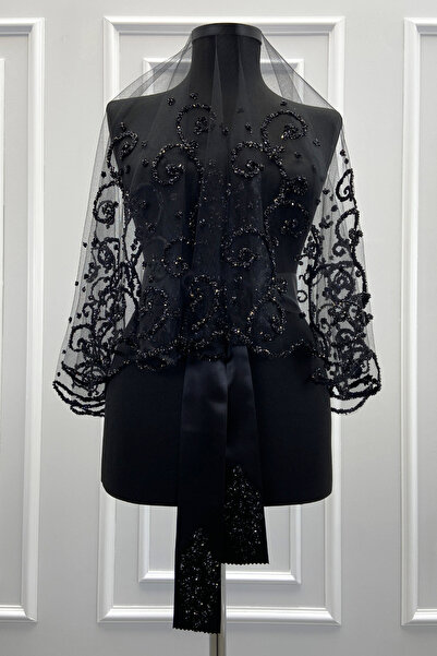 ZEYMERADE Siyah Gelin Duvak Seti, Cam Boncuk ve Pul Baskılı Kına Duvağı Seti ...