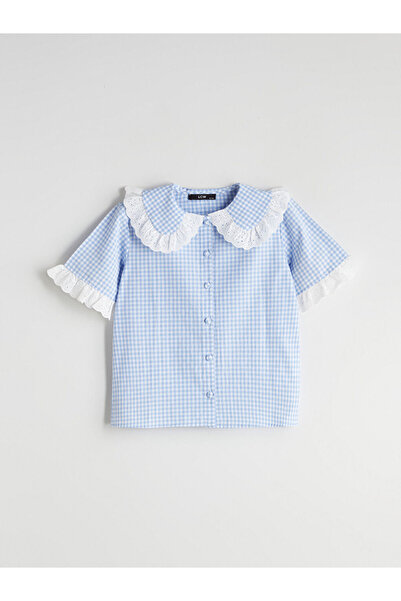 LC Waikiki Cămașă pentru fetiță în carouri albastră guler tip Peter Pan