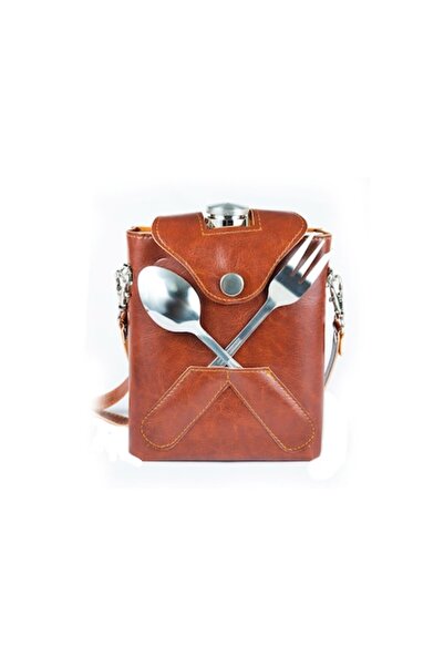 Doty Plosca din inox in toc din piele ecologica maro, set tacam inclus, tocul...