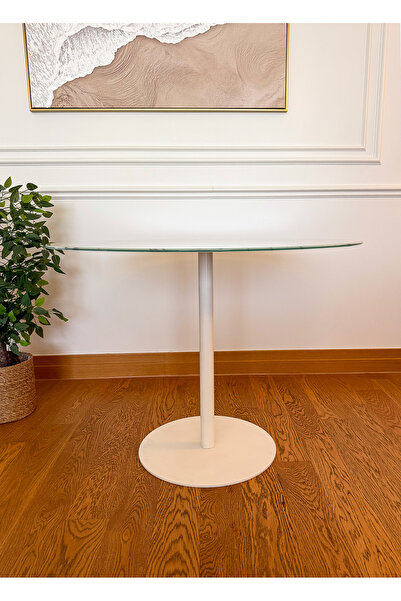 EFFE YAPI DEKOR Beyaz Mermer Desenli Modern 100 CM Yemek Masası 8 MM Temper Cam ( SADECE MASA )