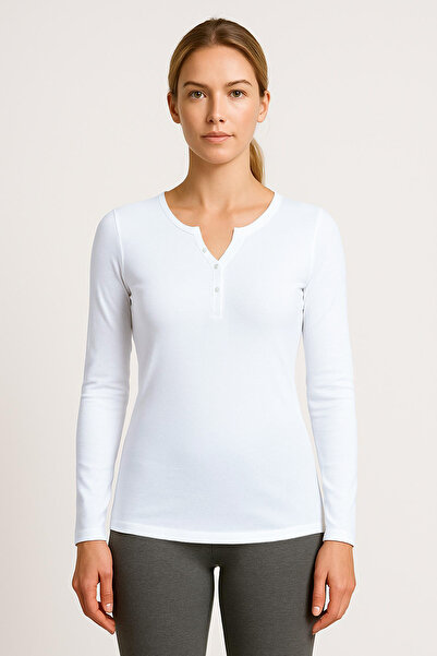 Cottonland Women's Rihanna O-Neck Placketed 1X1 Flexible Ribbed Long Sleeve Thin Combed Cotton T-Shirt White