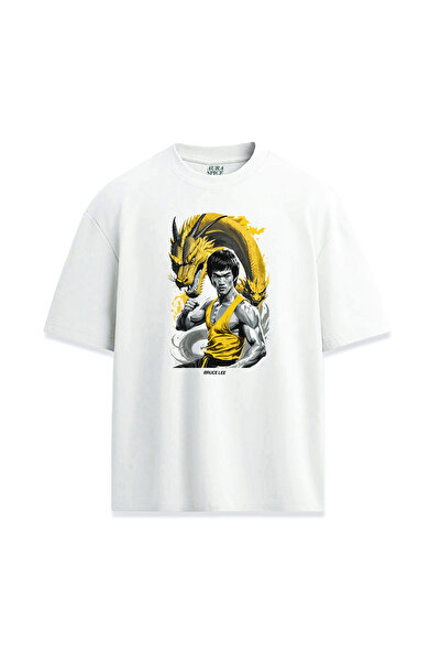 Darkia تي شيرت بروس لي ساري دراجون أصفر مطبوع بتصميم خاص للجنسين