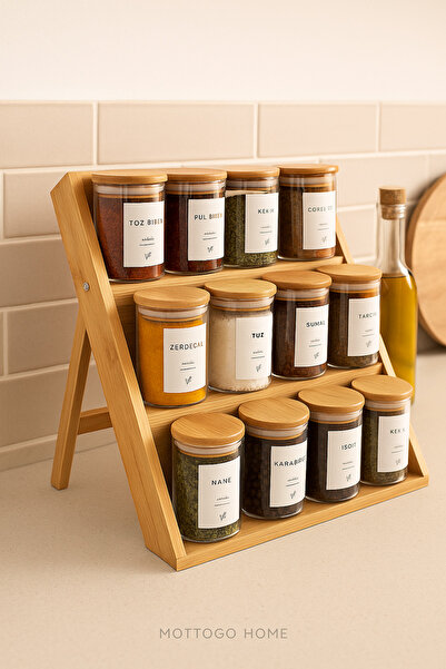 Mottogo 12’li Vakumlu Baharatlık Seti 200 ml – Çekmece İçi & Tezgâh Üstü – Bambu 3 Katlı Merdiven Standlı