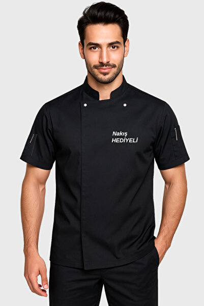 Üniformanya İsim Hediyeli Siyah Kısa Kollu Aşçı Ceketi Erkek Aşçı Forması Aşç...