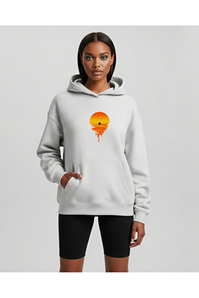 Vooya Fashion سويت شيرت بقلنسوة كبير الحجم مطبوع عليه غروب الشمس للجنسين