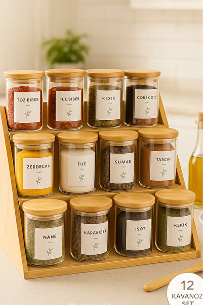 Mottogo 12-Piece Vacuum Spice Rack Set 300 ml – Drawer & Countertop – Bamboo with 3-Tier Ladder Stand