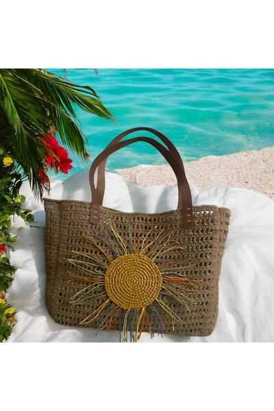 Handmade Plaj Çantası - Güneş Detaylı, Kağıt İp, Deniz çantası
