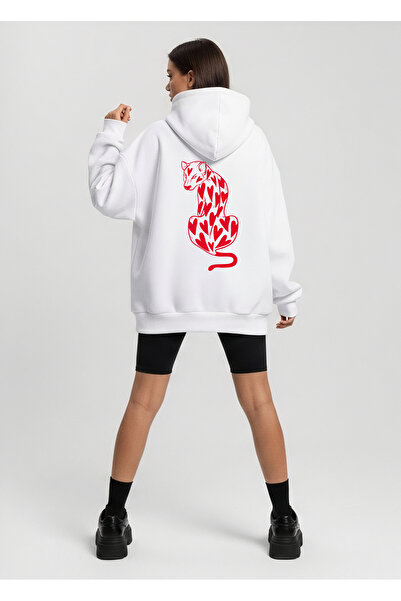 Vooya Fashion سويت شيرت بقلنسوة كبير الحجم للجنسين مطبوع عليه نقش الفهد