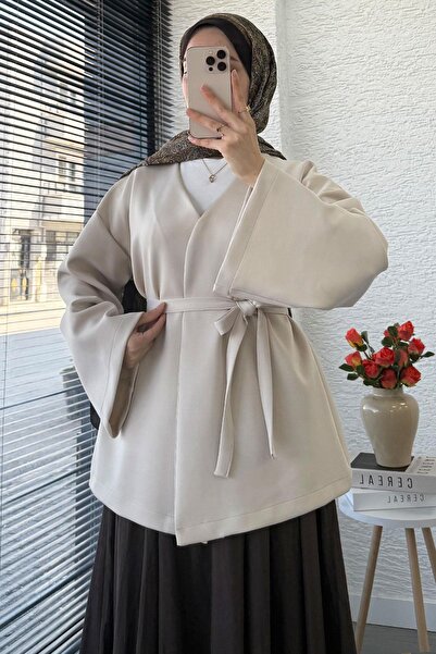 MELEK ARAZ Κιμονό με διπλό γιακά με μανίκια - Πέτρα