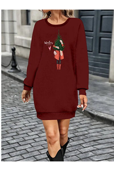 Genel Markalar Kadın Uzun Kollu Bisiklet Yaka Desenli Kısa Viskon Iki Iplik Elbise