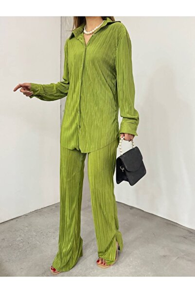 Asil Acar Home Special Women's Off-Shoulder Loose Shirt and Slit Detail Spanish Leg Trousers for the Fame