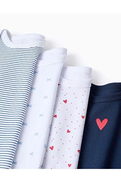 Ziddy Pack of 4 Cotton Bodysuits for Baby Girls 'Hearts', White/Blue
