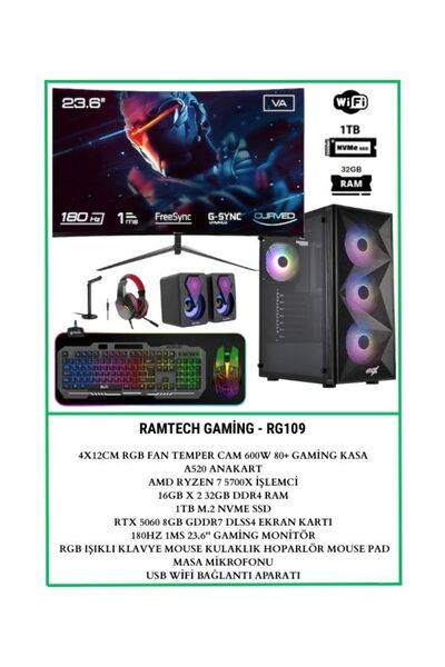 RAMTECH BİLGİSAYAR RG109 Ryzen 7 5700x Rtx 5060 32Gb Ram 1Tb M.2 Nvme 23.6'' 180hz 1Ms Curved Gaming Full Hazır Sistem