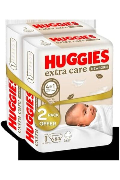 Huggies Extra Care Newborn, Size 1, Up to 5 kg, Twin Jumbo Pack, 128 Diapers