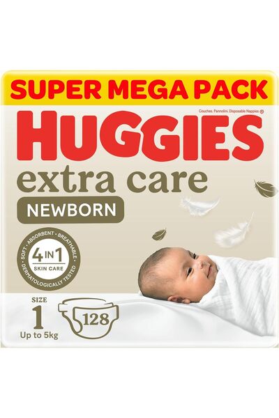 Huggies Extra Care Newborn, Size 1, Up to 5 kg, Twin Jumbo Pack, 128 Diapers