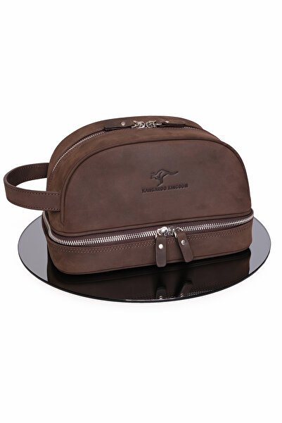 KANGAROO KINGDOM Portfolio Travel Handbag Grooming Products Organizer Brown Crazy Horse Genuine Leather 6577-Zk