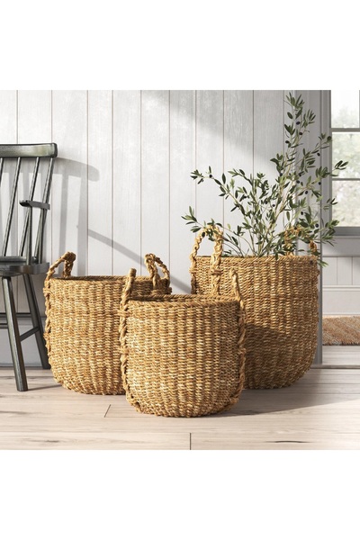 Bahçem Dekoratif Kulplu Seagrass Hasır Sepet Yuvarlak 3'lü Takım Set