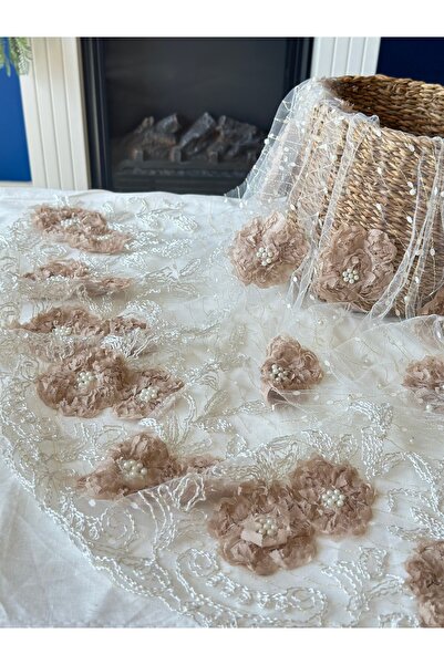 Hayalet kumaş İnci ve taş detaylı ithal esnek tül dantel