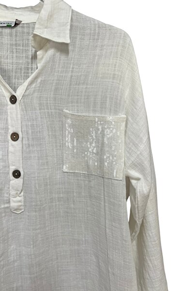 SUMEF Kadın Mavi Payet Cepli Yıkamalı Gömlek yaka | %100 Organik Pamuk Rahat Kalıp Bluz