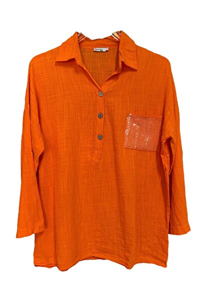 SUMEF Women's Blue Sequin Pocket Washable Shirt Collar |   100% Organic Cotton Comfortable Fit Blouse