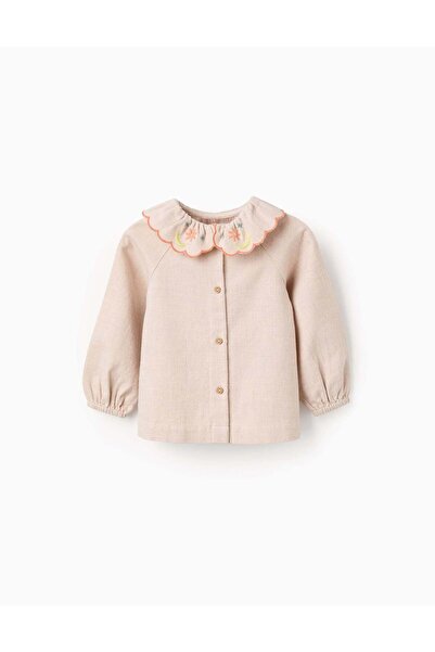 Ziddy Flower Embroidered Twill Shirt for Baby Girls, Beige