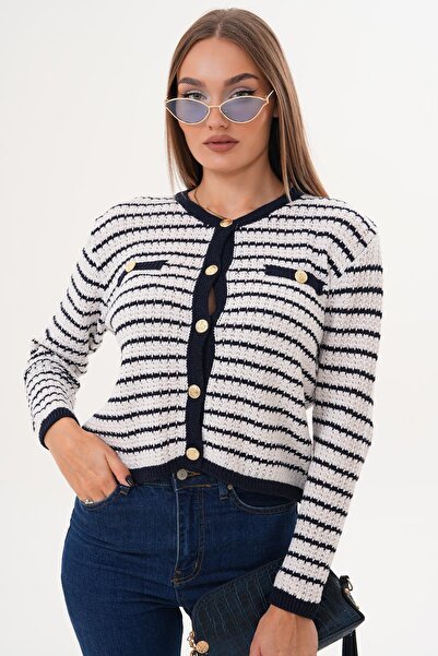 ŞİMAL Kadın Çizgi Desenli Cep Detaylı Düğmeli Triko Örme Hırka 255223 -