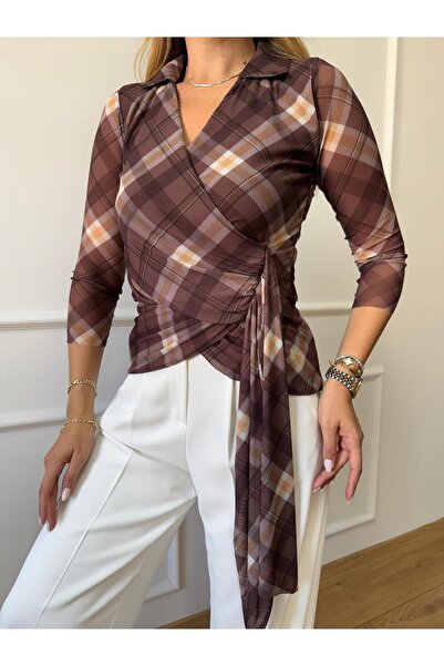 Size Özgü Brown Plaid Blouse