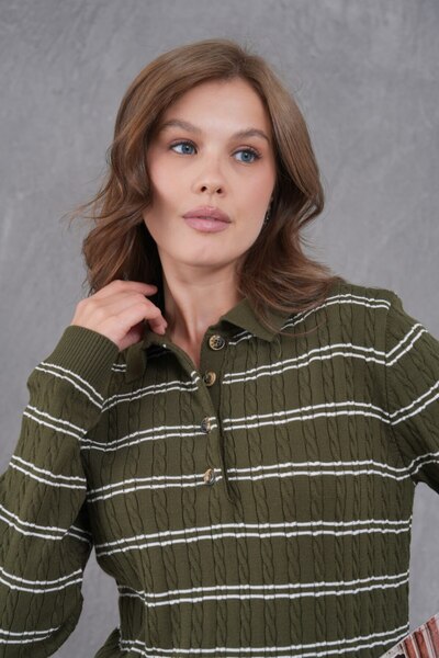 DONNA LISSA Striped Polo Neck Buttoned Oversize Knitwear Sweater