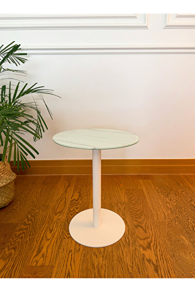 EFFE YAPI DEKOR Beyaz Mermer Desenli Modern 40 CM Zigon Yan Sehpa 8 MM Temper Cam