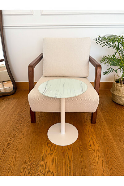 EFFE YAPI DEKOR Beyaz Mermer Desenli Modern 40 CM Zigon Yan Sehpa 8 MM Temper Cam