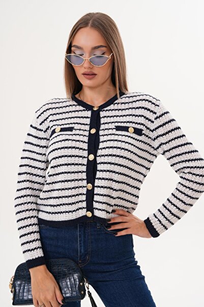 ŞİMAL Kadın Çizgi Desenli Cep Detaylı Düğmeli Triko Örme Hırka 255223 -