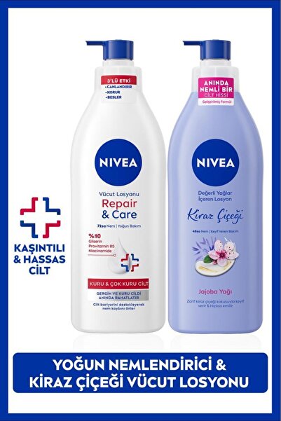 NIVEA Kiraz Çiçeği Vücut Losyonu ve Repair&Care Nemlendirici Losyon 400ml, Rahatlatıcı, Kuru Cilt