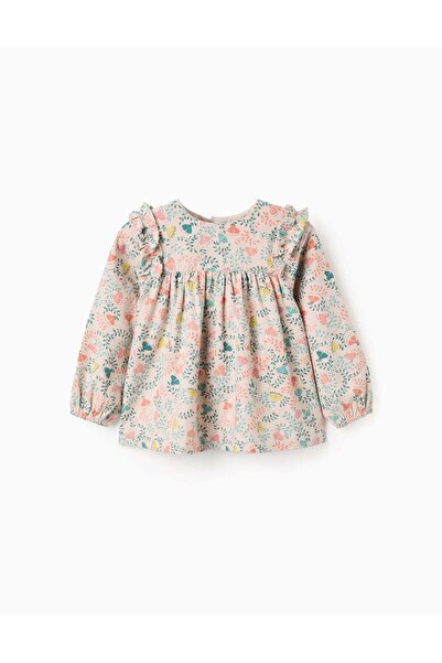 Ziddy Colourful Floral Motif Twill Tunic for Baby Girls, Beige