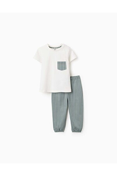 Ziddy Cotton Jersey Pyjama with Stripes for Baby Boys, White/Green