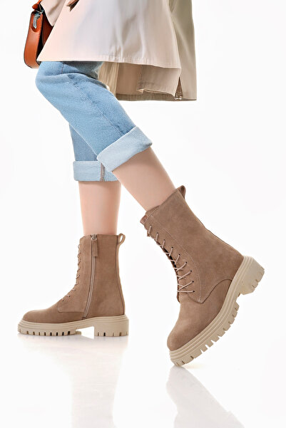 NOSEY SHOES Stella Model Khaki Leather Beige Lace-Up Side Zipper Thick Sole Boots Daily Women's Boots