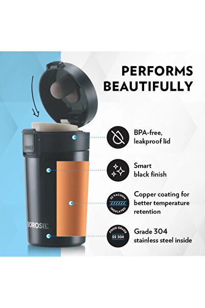 Borosil Coffee mate Insulated Mug, BPA-free, Leakproof Lid 380ml