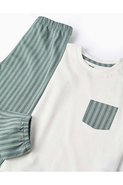 Ziddy Cotton Jersey Pyjama with Stripes for Baby Boys, White/Green