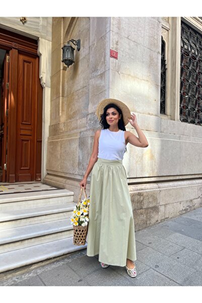 KÜÇÜĞÜM BUTİK Light Green Flared Poplin Skirt