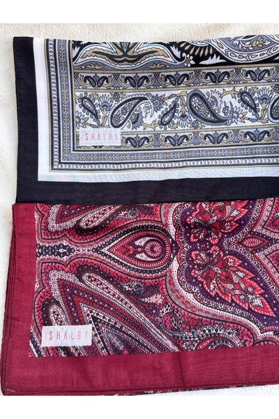 shalby Hijab Ethnic Patterned Cotton Shawl Set of 2 and Makeup Mirror Claret Red - Gray