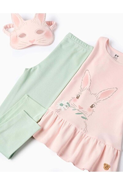 Ziddy Cotton Pyjama with Bunny Mask for Girls, Pink/Green