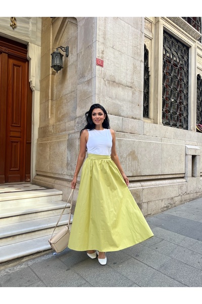 KÜÇÜĞÜM BUTİK Pistachio Green Flared Poplin Skirt