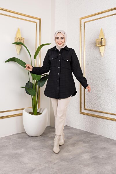 Hb Harma Time Butik Women's Pocket Detailed Quilted Fabric Snap Button Black Tunic