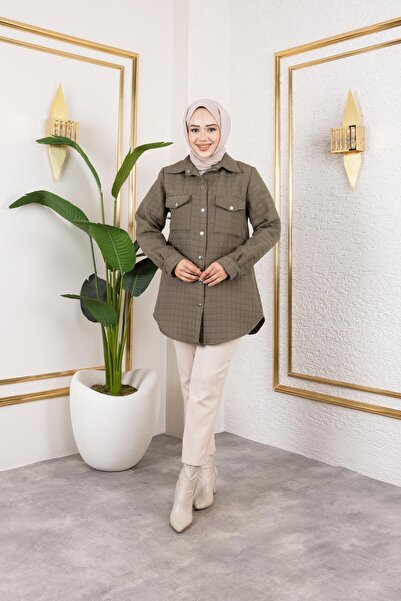 Hb Harma Time Butik Women's Pocket Detailed Quilted Fabric Snap Button Khaki Tunic