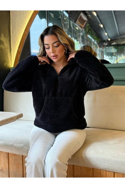 Deridün Yıldız Shoes Women's Long Sleeve Front Zip Pocket Plush Sweat